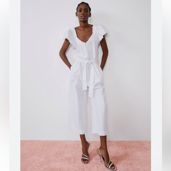 Zara White Rustic Denim Raw Hem Ruffled Cap Sleeve Belted Jumpsuit Playsuit XS - Picture 4 of 13
